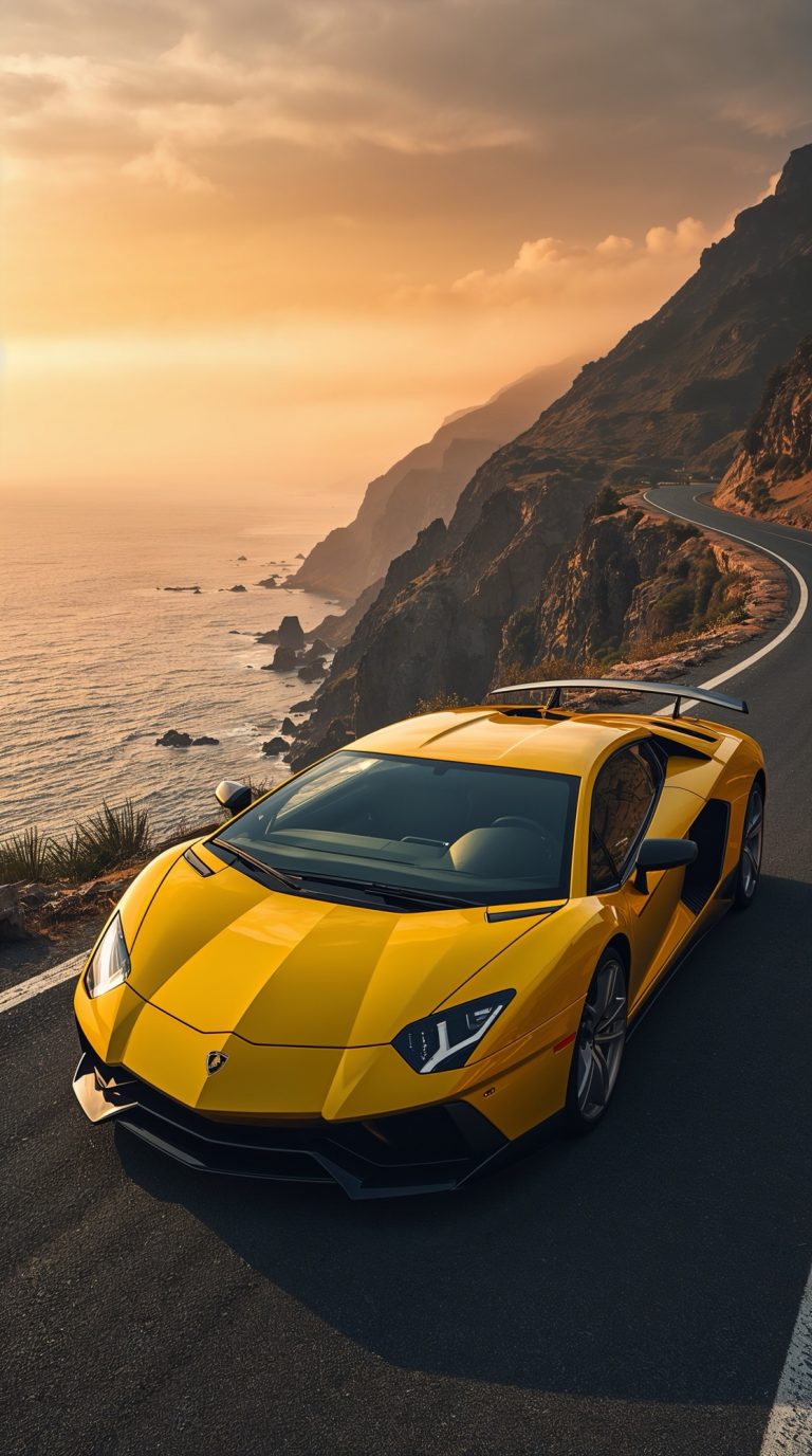 Lamborghini Aventador SVJ – parked near a cliffside coastal road