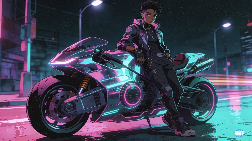 Confident cyberpunk street racer sitting on a neon pink and teal futuristic motorcycle at night in a rain-soaked city.