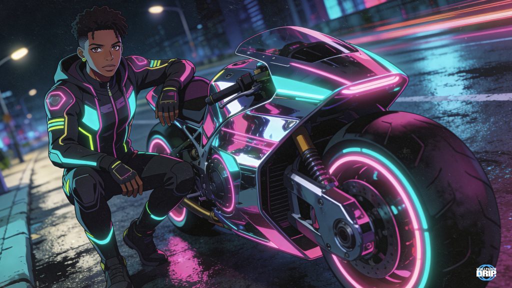 Confident cyberpunk street racer sitting on a neon pink and teal futuristic motorcycle at night in a rain-soaked city.