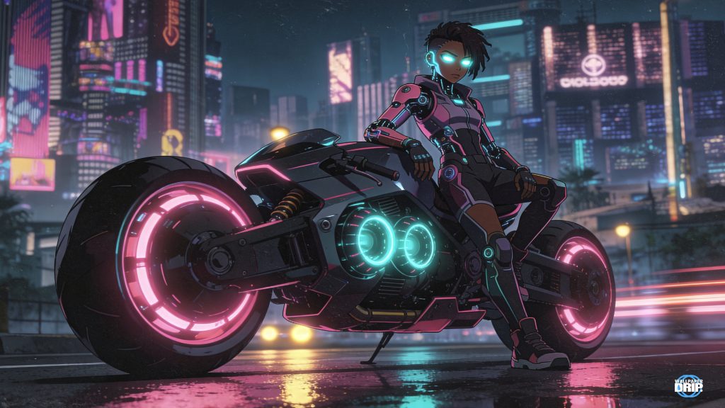 Confident cyberpunk street racer sitting on a neon pink and teal futuristic motorcycle at night in a rain-soaked city.