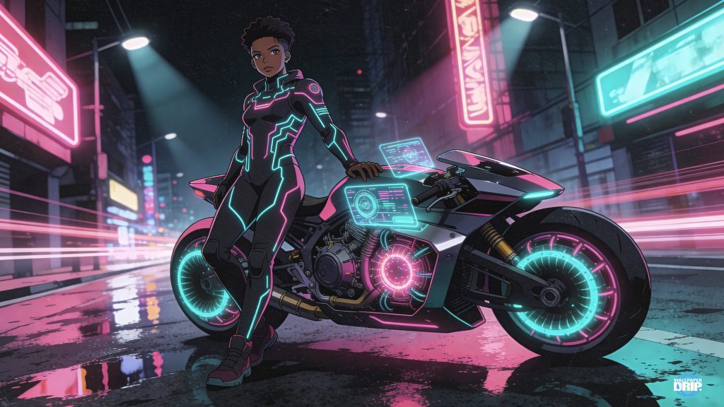 Confident cyberpunk street racer sitting on a neon pink and teal futuristic motorcycle at night in a rain-soaked city.