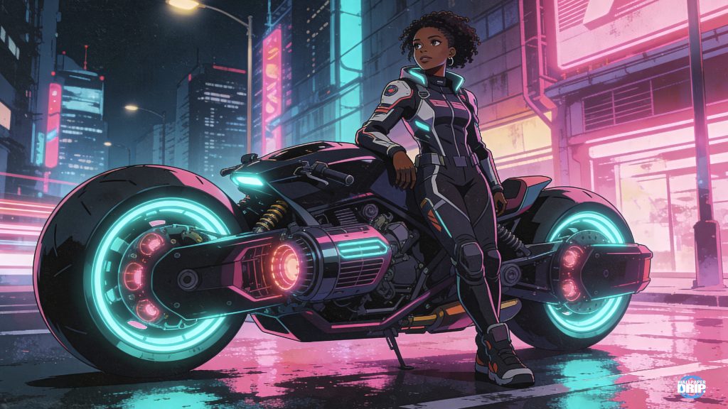 Confident cyberpunk street racer sitting on a neon pink and teal futuristic motorcycle at night in a rain-soaked city.