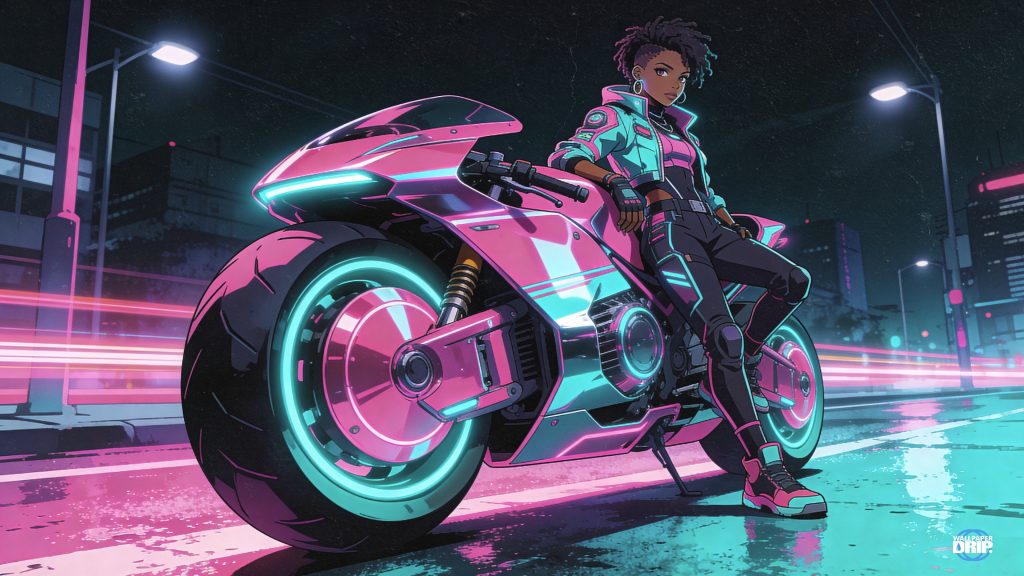 Confident cyberpunk street racer sitting on a neon pink and teal futuristic motorcycle at night in a rain-soaked city.